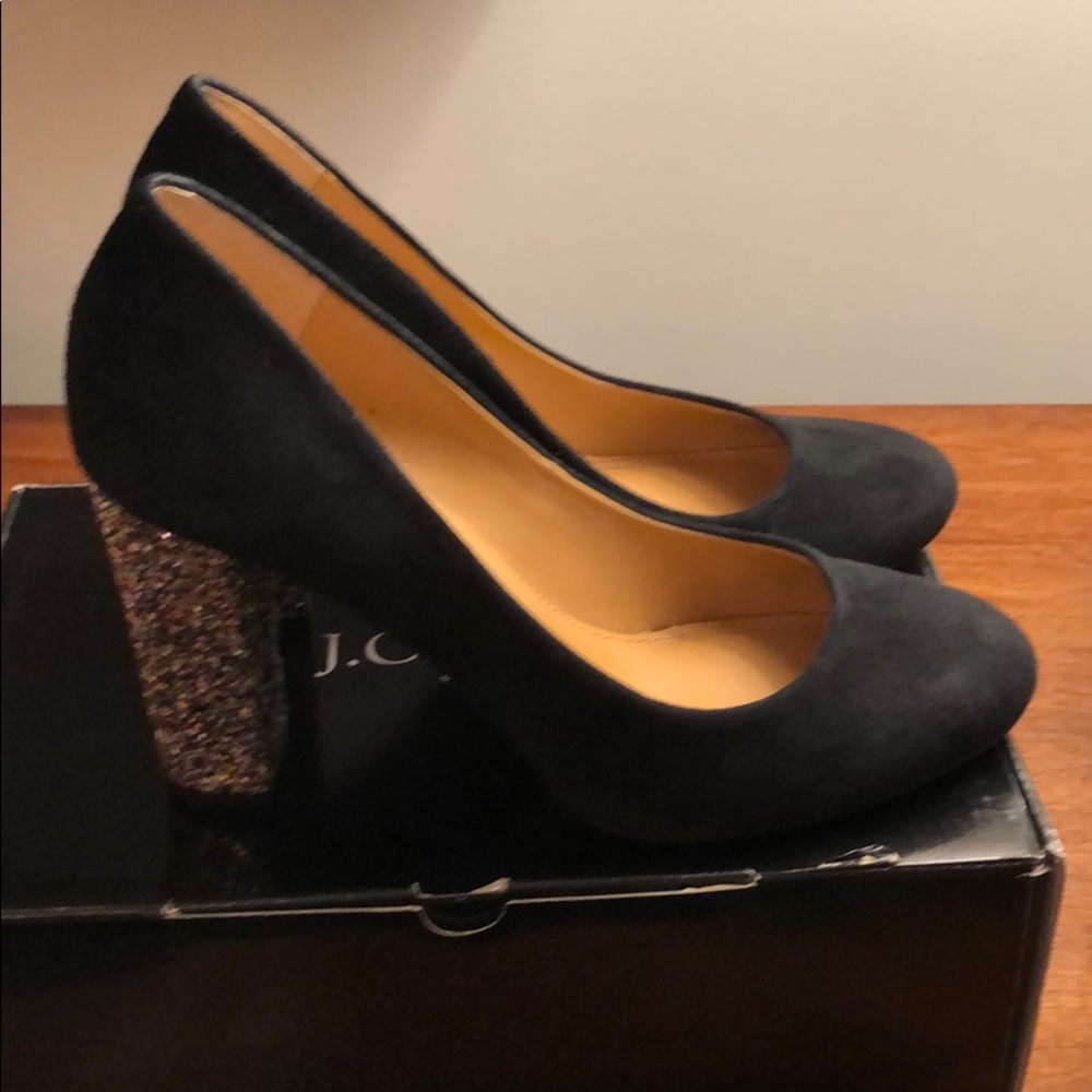 J Crew black suede glitter heel pumps